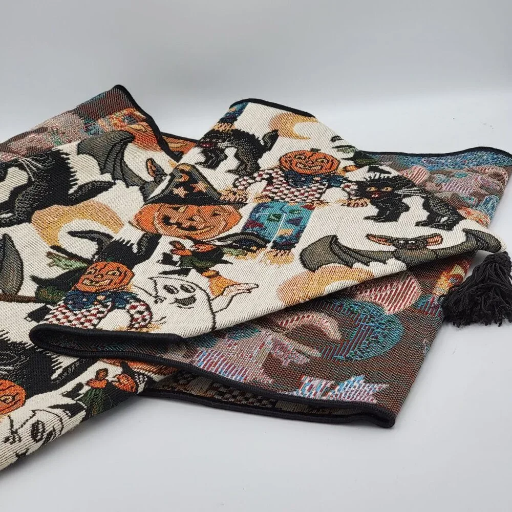 Vtg Halloween-Themed Tapestry Table Runner With Black Tassel Ends - Picture 10 of 11